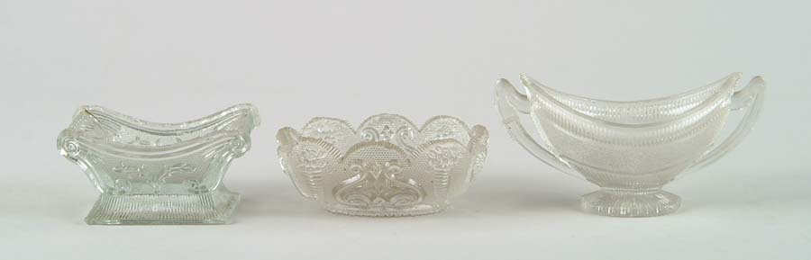 SIX OPEN CLEAR GLASS SALTS Three pair One pair vase