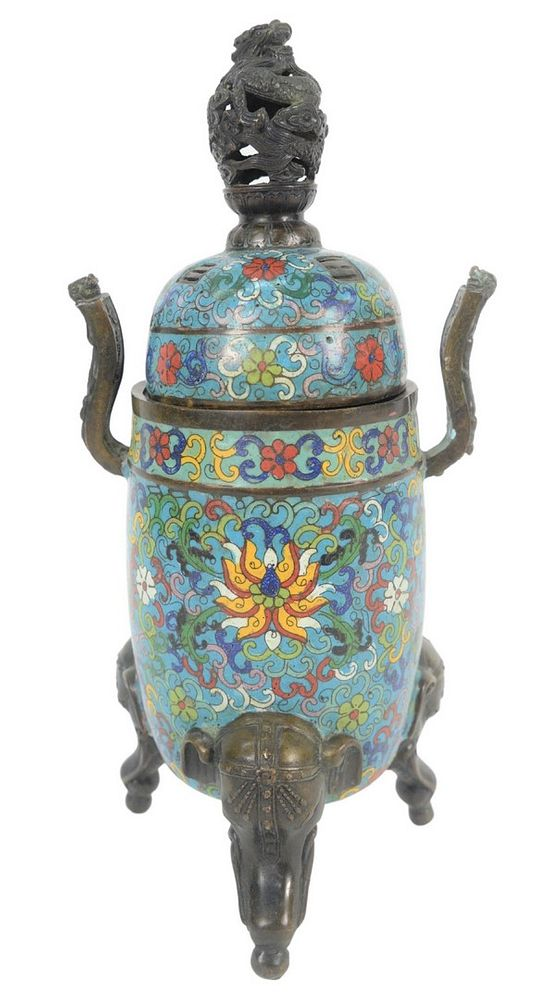Chinese Cloisonne Tripod Incense Holder having elephant form feet dragon