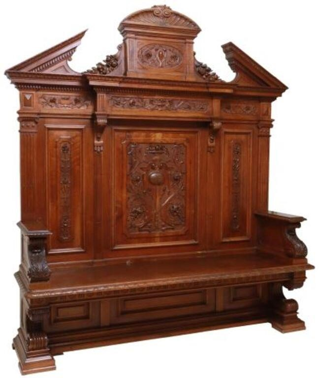 Italian Renaissance Revival carved walnut hall bench late 19th c