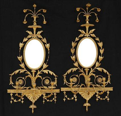 PAIR OF GEORGE III CARVED GILTWOOD THREE LIGHT WALL APPLIQUES