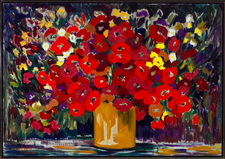 American School Mid 20th Century Vibrant Still Life with Poppies