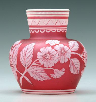 Cameo glass vase floral and leaf decoration below bands of