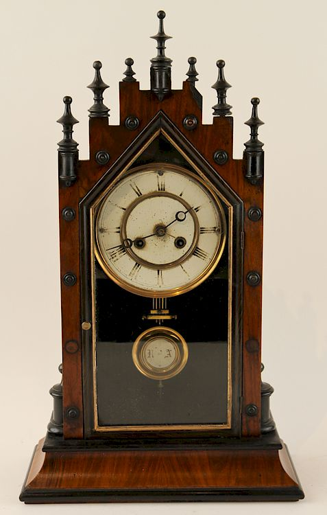 AMERICAN MAHOGANY MANTLE CLOCK EBONIZED CASE An American mahogany mantle
