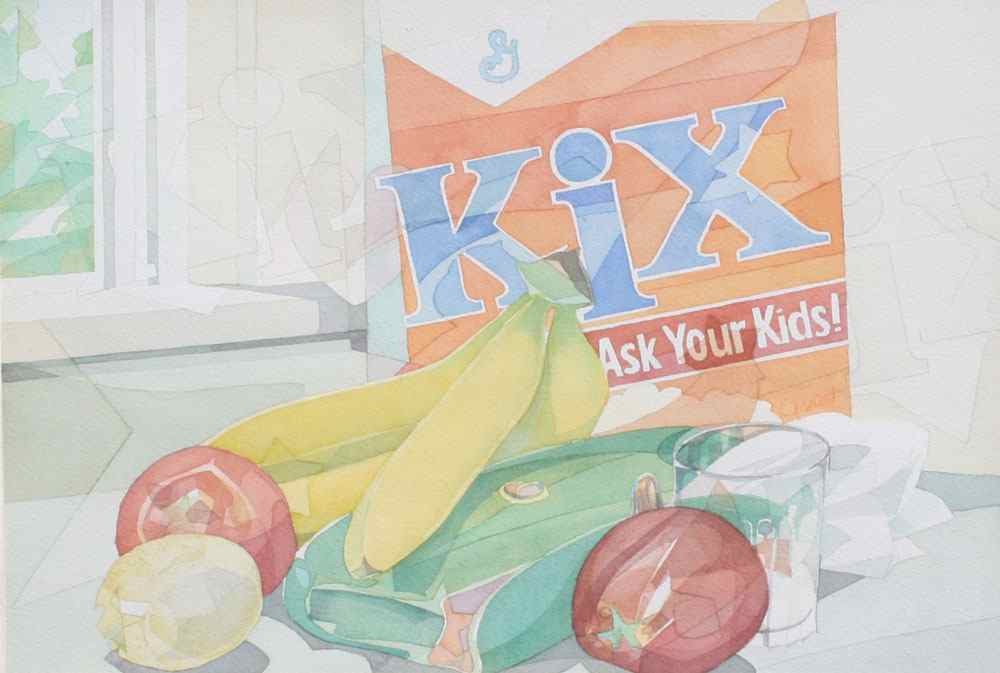 STILL LIFE WITH KIX AND FRUIT Watercolor sight size 10