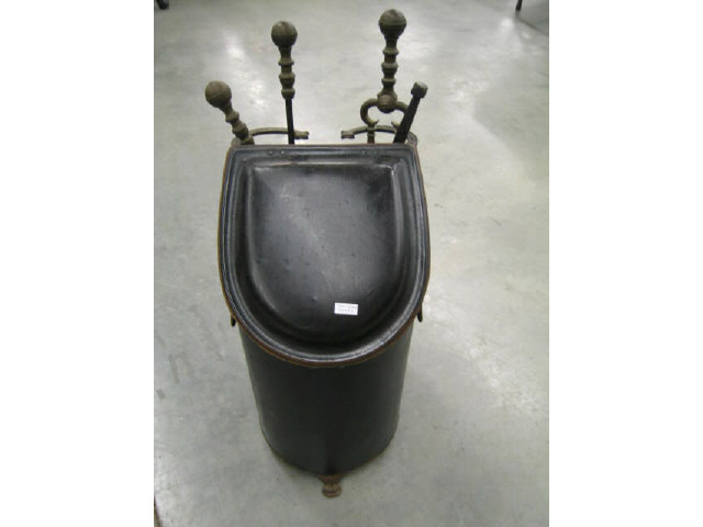 Victorian Coal Hod with Fireplace Implements lion ring handles