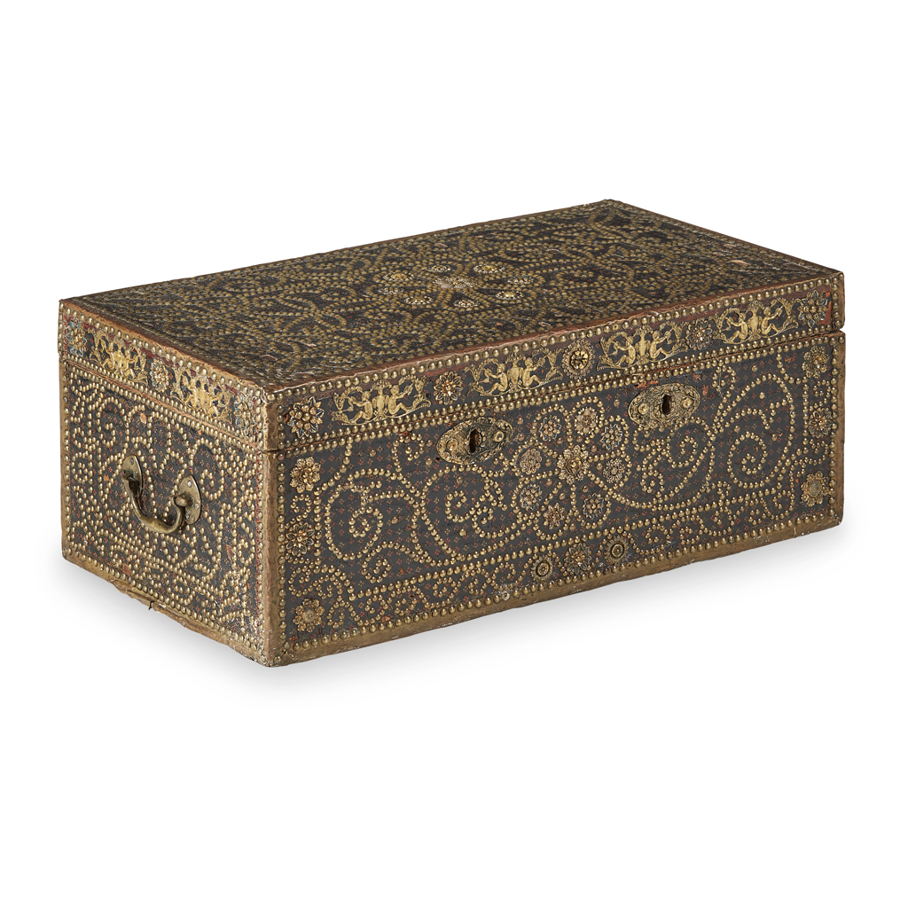 GEORGIAN LEATHER AND BRASS MOUNTED TRUNK LATE 18TH CENTURY covered