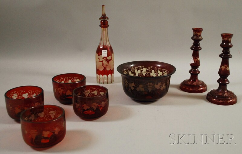 Eight Bohemia Etched Ruby Flash Glass Table Items a set