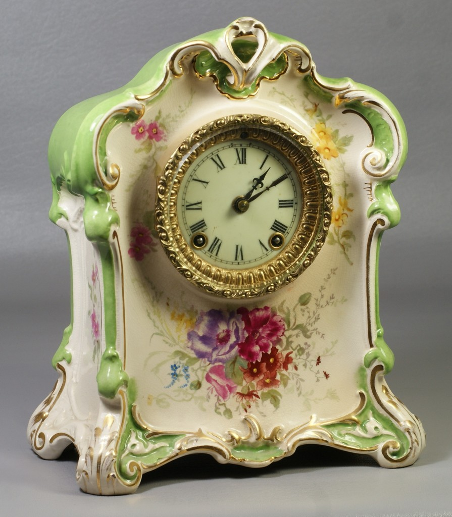 Ansonia La Feste Royal Bonn china case clock green and