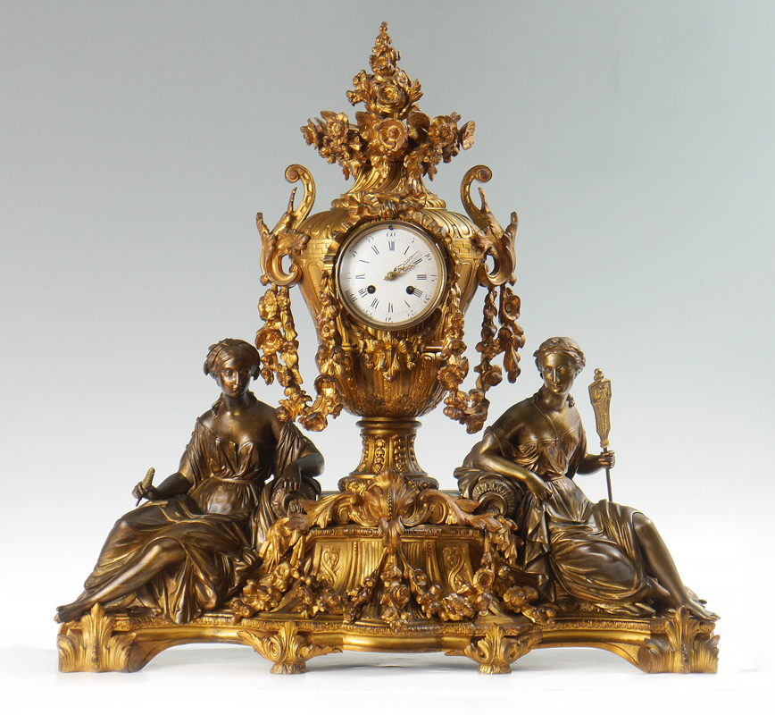 RAINGO FRERES FRENCH BRONZE FIGURAL CLOCK Gilt bronze body stamped