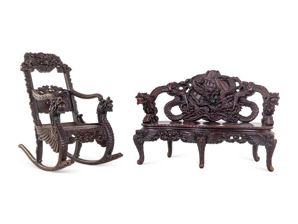 Two Chinese and Japanese Export Carved Hardwood Armchairs Two Chinese