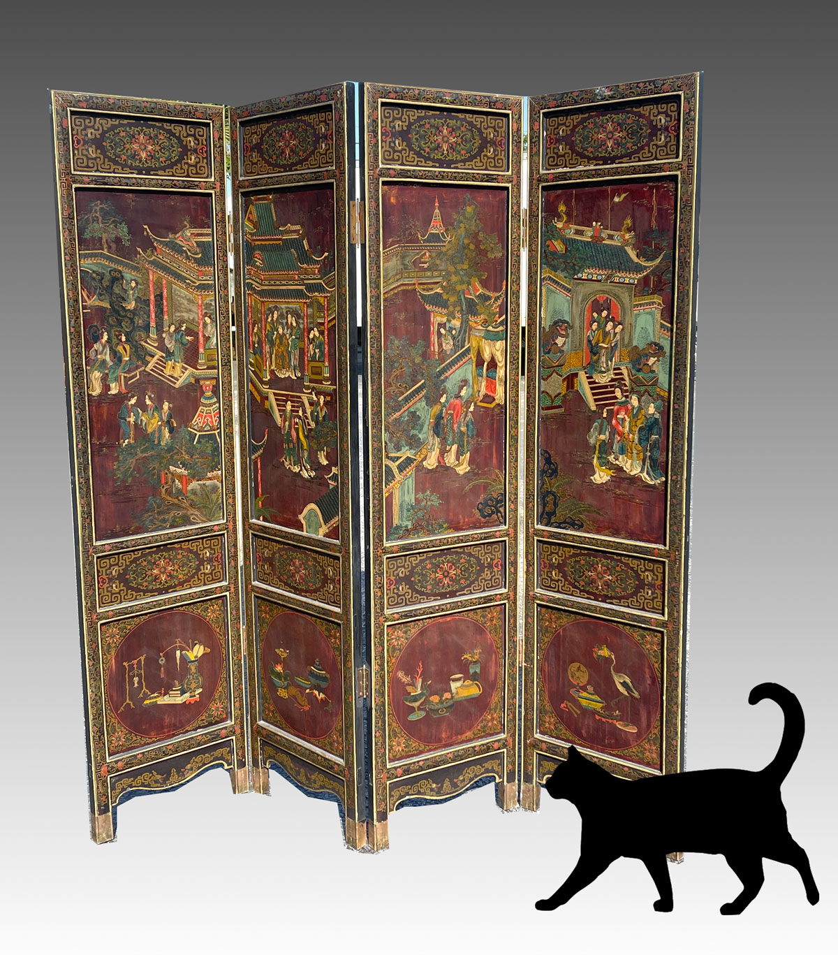 19TH C GILT POLYCHROME FOUR PANEL CHINESE SCREEN Finely polychromed