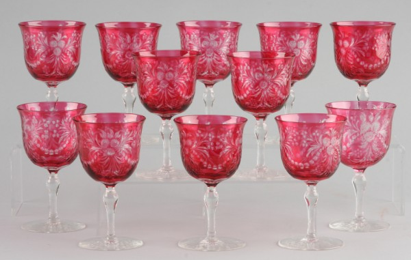 Set of twelve cranberry and cut to clear wine glasses