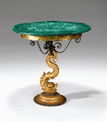 Continental wrought iron and gilt metal malachite veneered gueridon The