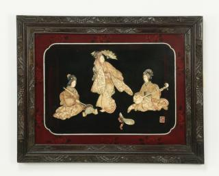 Japanese scrimshaw bone plaque w geishas 22 h Japanese plaque