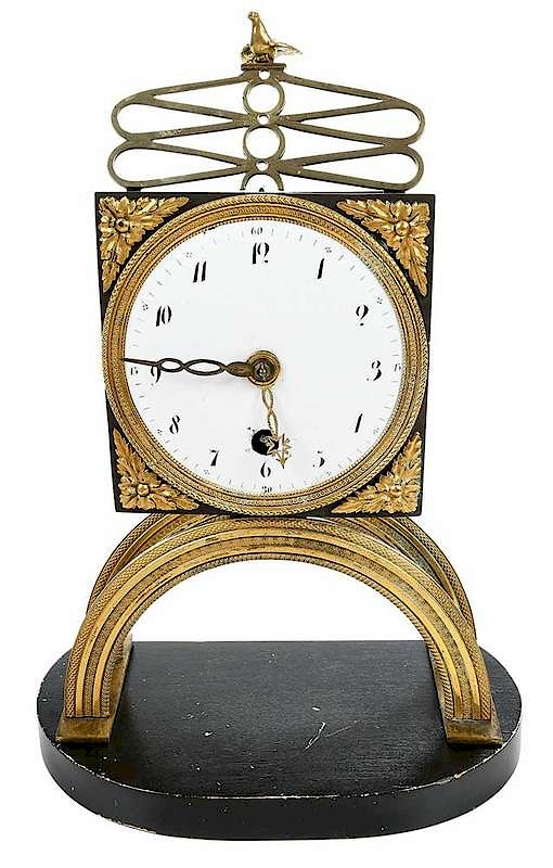 Gilt Brass Skeleton Clock Continental 19th century white enamel dial