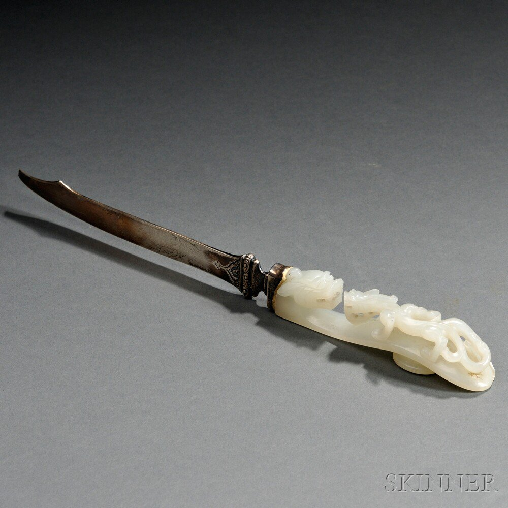 Sterling Silver Letter Opener with Jade Handle China S shape