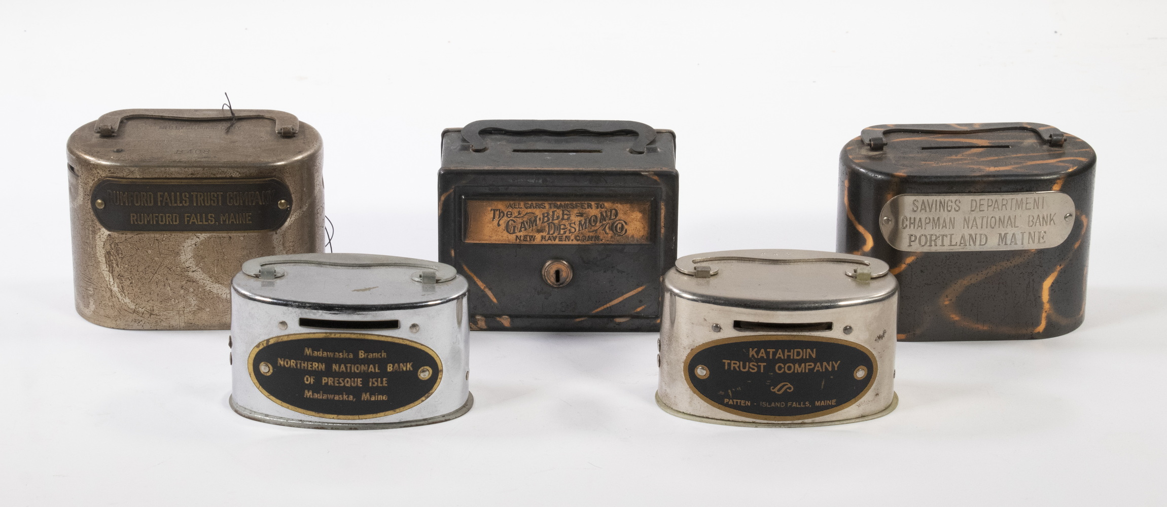 5 VINTAGE LOCK BOX FORM STILL BANKS In Cast Metal