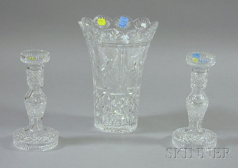 Waterford Cut Crystal Vase and Pair of Candlesticks maker s
