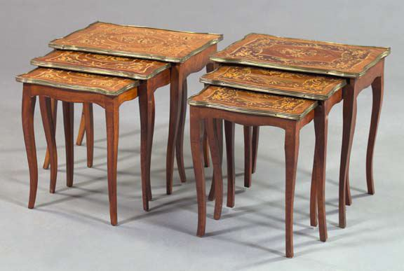 Trio of Louis XV Style Mahogany Inlaid Nesting Tables each
