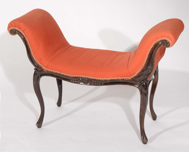 A HEPPLEWHITE MAHOGANY WINDOW SEAT with scroll ends carved foliate