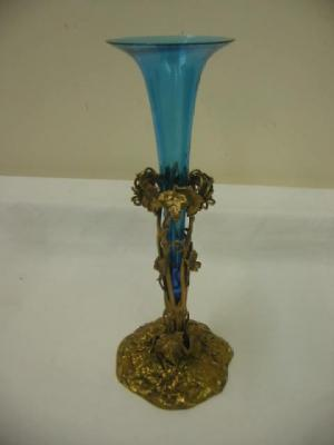 A BRASS EPERGNE with turquoise glass trumpet rising from a