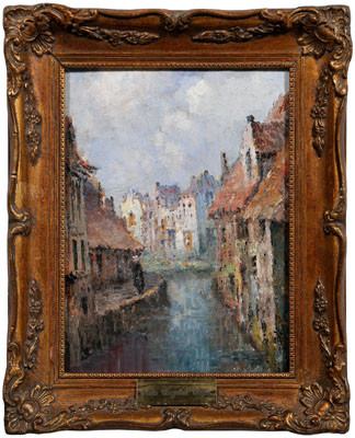 Painting manner Colin Campbell Cooper view of canal possibly Belgium