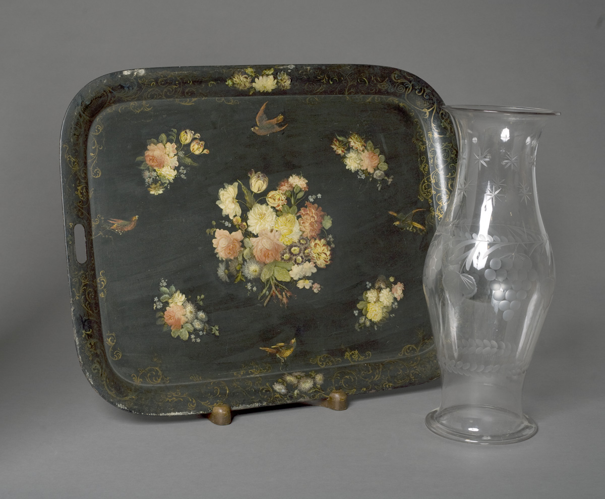 PAINT DECORATED TOLE TRAY WITH BIRDS AND FLORAL DESIGN Length