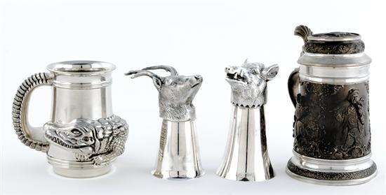 Silverplate and pewter stirrup cups and mugs two stirrup cups