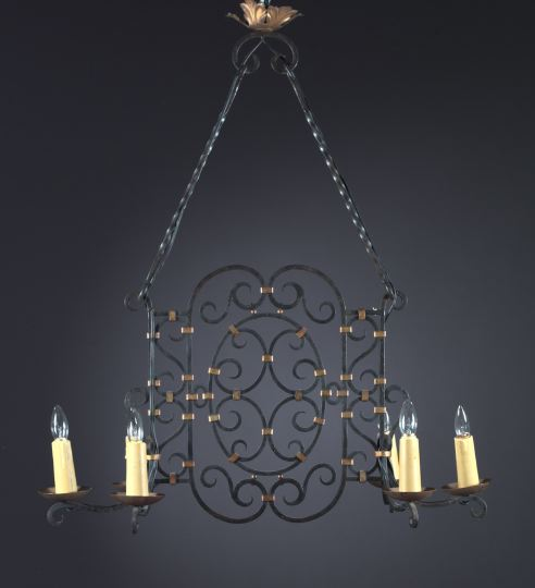 German Black Painted and Parcel Gilt Wrought Iron Six Light