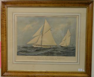 Currier Ives hand colored lithograph Vigilant and Valkyrie in a