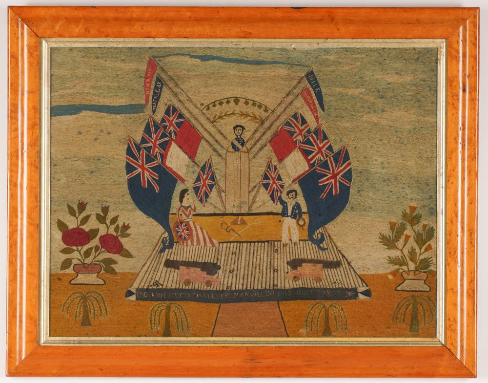 ADMIRAL NELSON MEMORIAL WOOLWORK OR WOOLIE circa 1860 depicting two