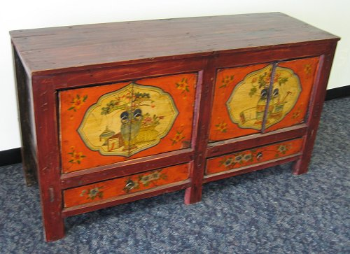CHINESE MONGOLIAN PAINT DECORATED LOW CABINET 2 doors over 2