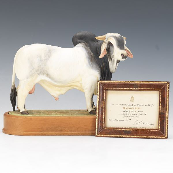 ROYAL WORCESTER VINTAGE DORIS LINDER PORCELAIN BRAHMAN BULL ON WOODEN