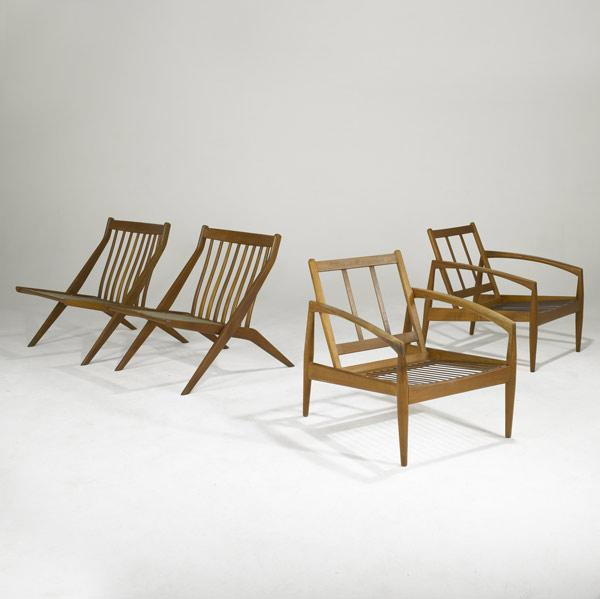 DUX Four solid teak lounge chairs two with arms upholstery