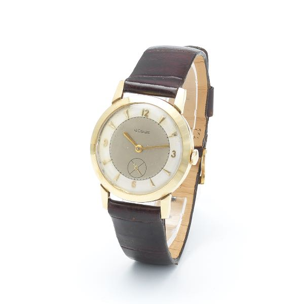 LE COULTRE 14K GOLD WATCH AND 14K GOLD AND LEATHER