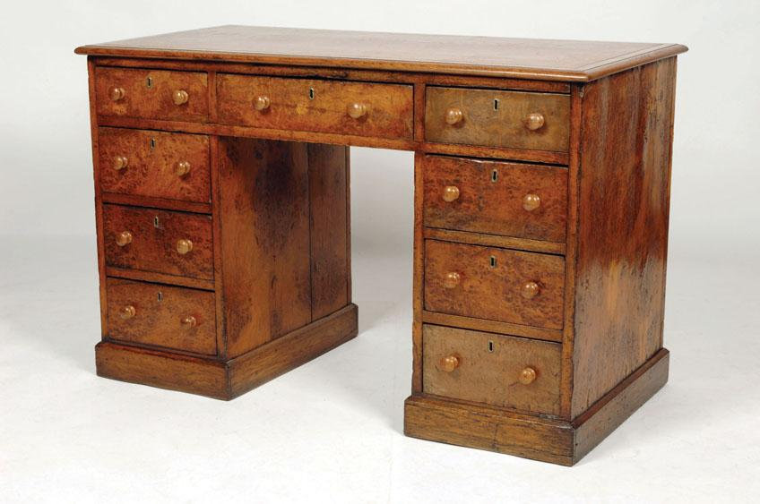 A VICTORIAN BURR WOOD TWIN PEDESTAL WRITING DESK the rectangular