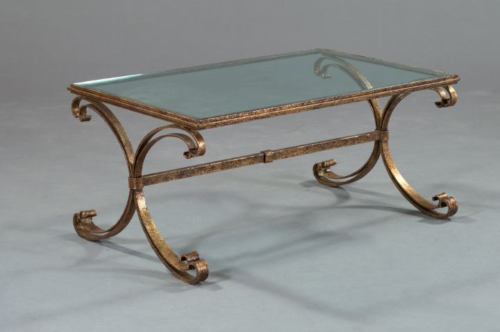 Large Italian Gilded Wrought Iron and Plate Glass Cocktail Table