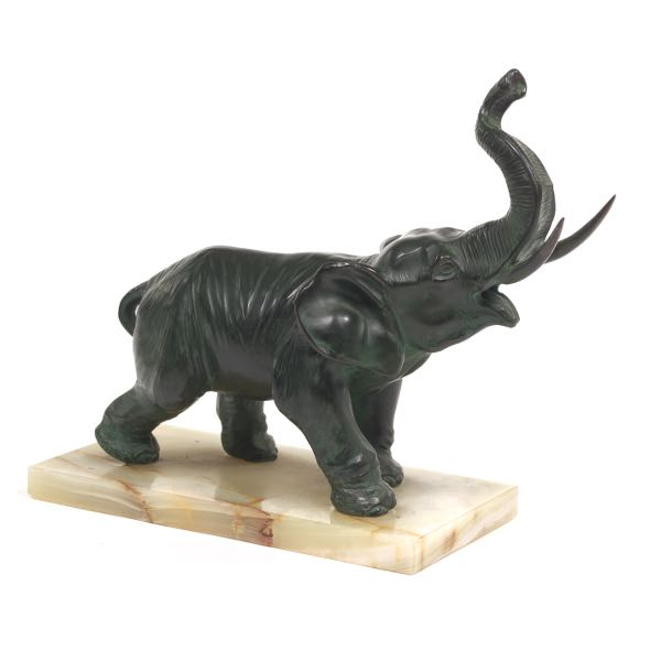 VERDIGRIS PATINATED METAL ELEPHANT SCULPTURE ON AGATE BASE 10 x