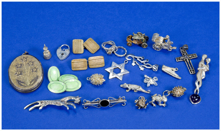 Collection Of Silver Jewellery Comprising Enamelled Cufflinks Gilt Cufflinks Charms