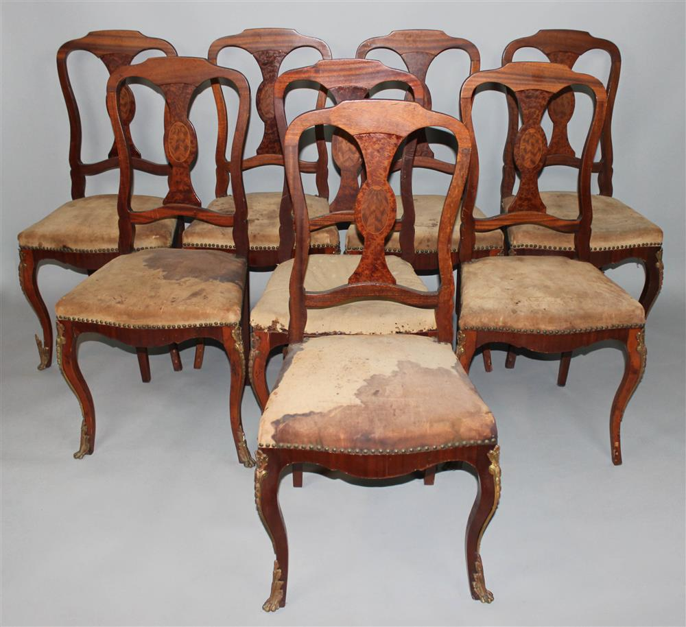 SET OF EIGHT FRENCH STYLE INLAID MAHOGANY AND GILT METAL