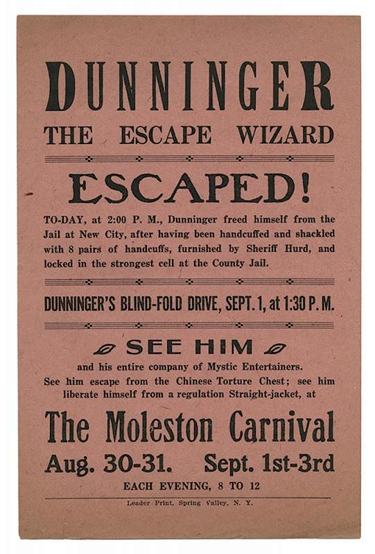 Dunninger Escape Wizard Handbill Moleston Carnival Dunninger Joseph Dunninger Escape