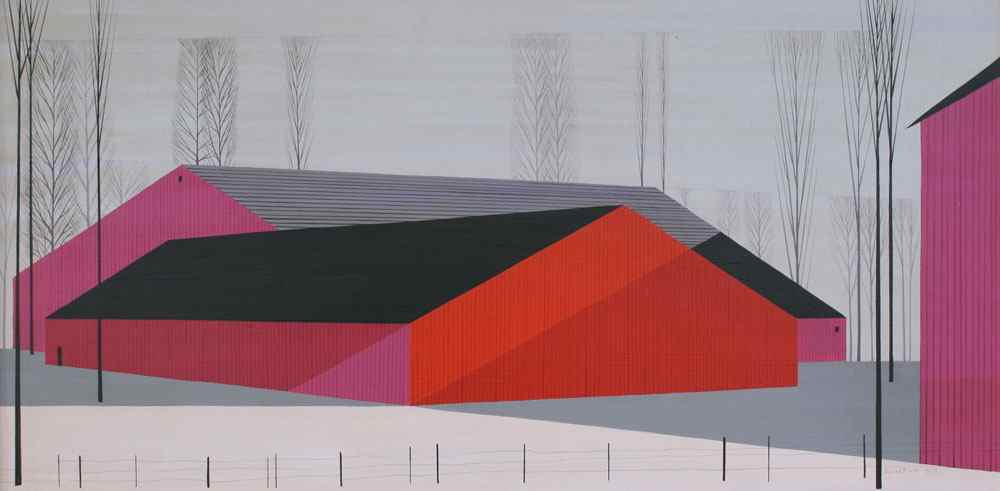 EARLE Eyvind American 1916 2000 Barns Unusual and original acrylic