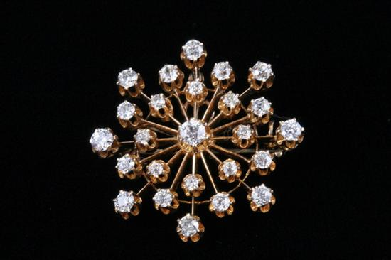 14K YELLOW GOLD AND DIAMOND SUNBURST BROOCH PENDANT early 20th