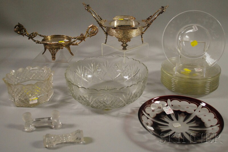 Group of Mostly Colorless Glass and Silver plate Table Items