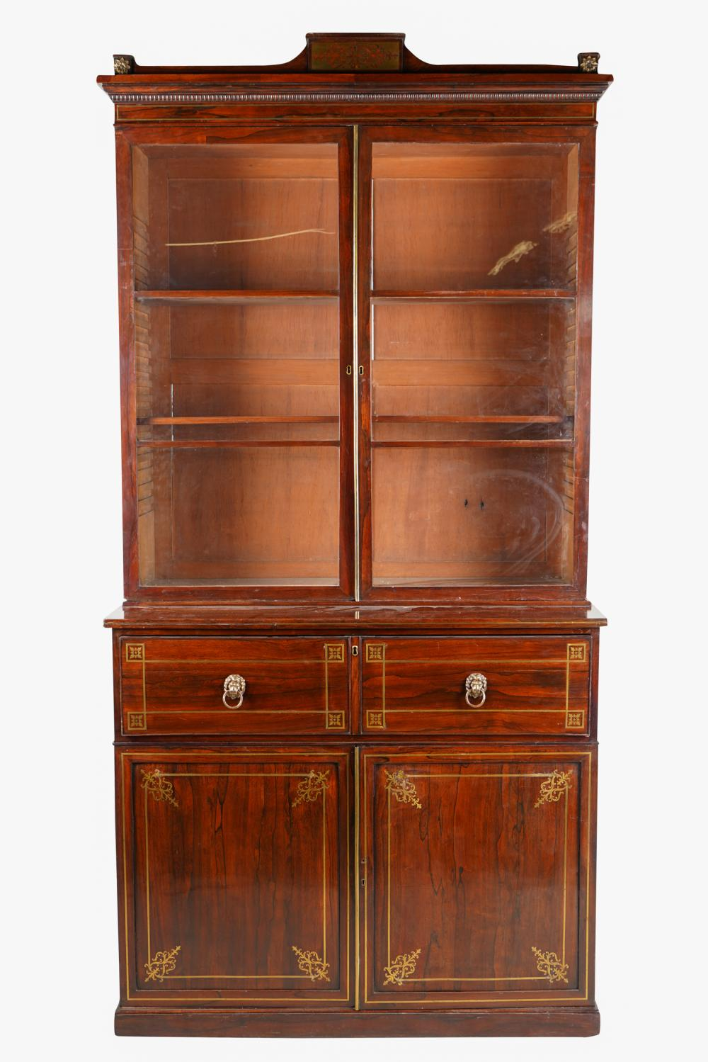 REGENCY INLAID TWO PART BOOKCASEwith brass inlay 47 1 4