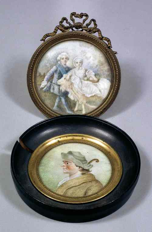19th Century Continental School Miniature portrait of two children in