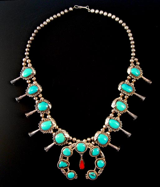 LARGE SQUASH BLOSSOM NECKLACE WITH TURQUOISE Squash blossom necklace with