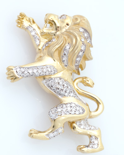 18k yg and diamond lion rampant brooch pendant of bright