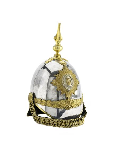 A Royal Dragoons spiked helmet with applied gilt metal mounts