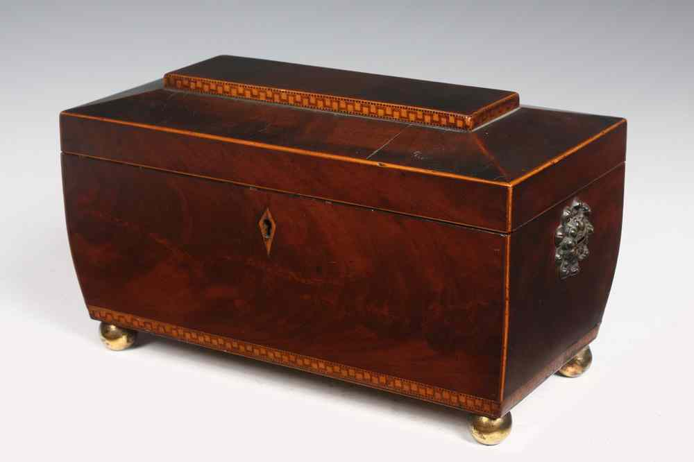 TEA CADDY Georgian Mahogany Tea Caddy with string inlaid coffin